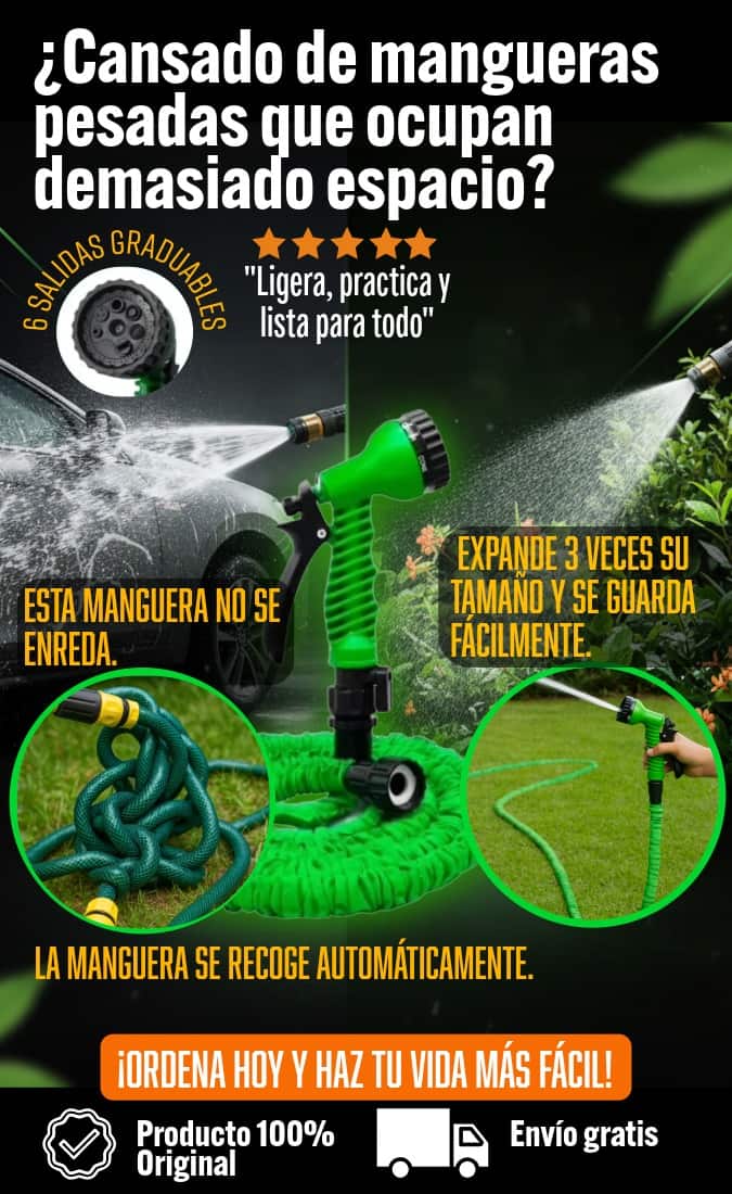 MANGUERA EXTENSA CON PISTOLA DE RIEGO MULTIUSOS - LIGERA Y COMPACTA