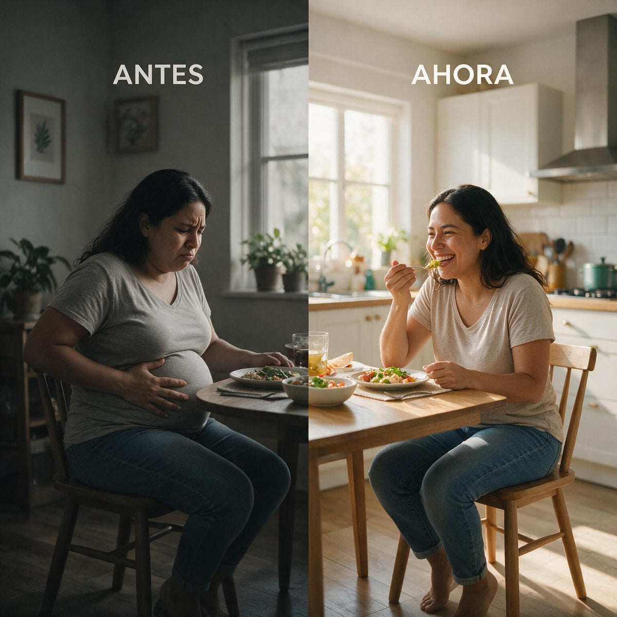 Antes y después - hinchazón vs digestión aliviada